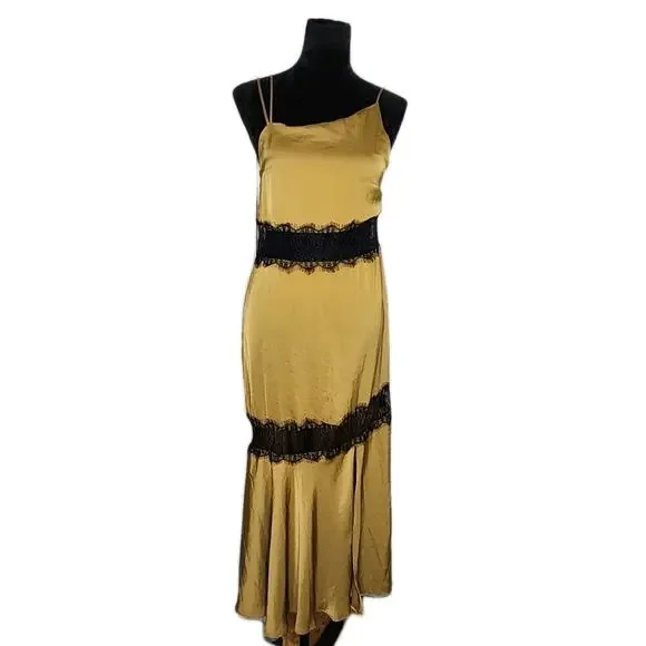 Zara Satin Contrast Slip Camisole Midi Dress Sheer Lace Panel Olive green Xs - Picture 2 of 11